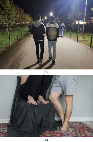 Figure 3. (a): Pretending to be just friends with my boyfriend since we cannot show our love like holding hands in public without fear. (b): My boyfriend and I decided to move in together since there was no place for us. This is the only home for us to be who we are, loving and caring for each other as we wish.