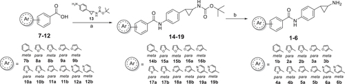 Scheme 1. Synthesis of the N-(4-(2-aminocyclopropyl)phenyl)-(hetero)aryl-4- and 3-carboxamides 1 b-6. Reagents and conditions: (a) PyBop, Et3N, dry DMF, N2 atmosphere, overnight, rt. (b) 4 N HCl, dry dioxane/THF, overnight, rt.