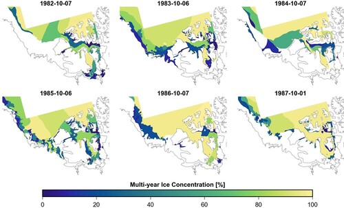 Fig. 5 Spatial distribution of MYI concentration on the first Canadian Ice Service ice chart in October from 1982 to 1987. Note the severing before 1984 then reestablishment of the MYI tongue connecting the Beaufort Sea to the Western Parry Channel in subsequent years.