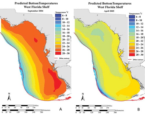 FIGURE 5. Maps of monthly bottom water temperatures on the West Florida Shelf in (A) September 2004 and (B) April 2005.