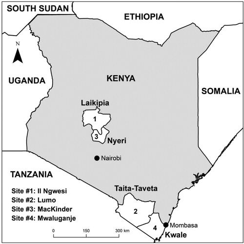 Figure 1. The location of the four case study sites in Kenya. Source: Authors