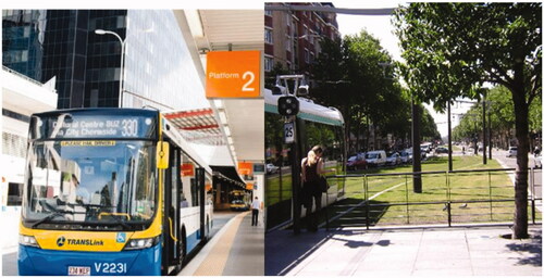 Figure 2. UD Rapid Bus Way, Brisbane Australia.Image description: (A) Universal Design and Green Design Light Rail Transport and Platform. An accessible bus as part of a rapid bus transit in Brisbane Australia is parked at an accessible bus stop designed using universal design approaches. (B) A picture containing tree, accessible outdoor platforms, light rail in Paris using universal design and green design approaches. Image Sources: Stafford.