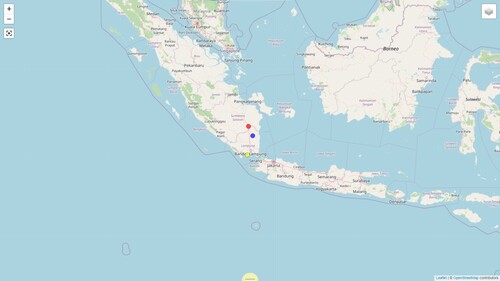 Figure 1. Lampung language map (Lampung Api is in the upper circle, Lampung Nyo is in the middle, and Komering is in the lower circle). Source: Glottolog Citation2020.