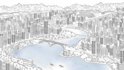 FIGURE 21 Line art depiction of a fictional contemporary city following riverfront revitalization and improved public access. [Access, Well-being] (created by May van Millingen in collaboration with the author).