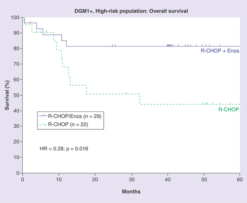 Figure 1. OS on RCHOP+enzastaruin vs R-CHOP alone in high-risk DGM 1+ patients for S028 study.