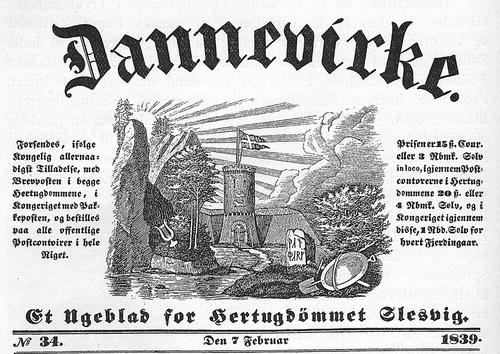 Figure 2. Masthead of the Danish nationalist Slesvig weekly newspaper Dannevirke. ‘Danmark’ is written on the rune stone in runic letters in the style of those on the Jelling rune stones. (https://commons.wikimedia.org/wiki/File:Dannevirke_ugeblad.jpg. Accessed 17 December 2020)