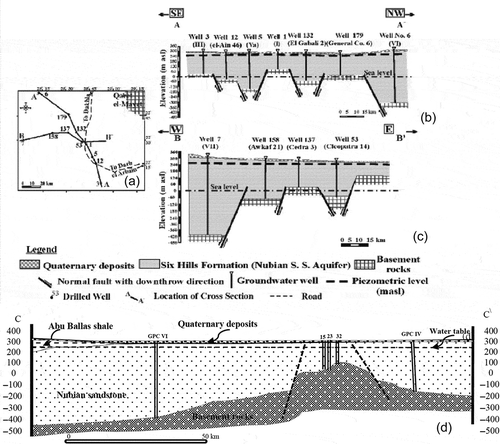 Fig. 2 (a) Key map of cross sections; (b) hydrogeological cross section A–A′; (c) hydrogeological cross section B–B′ (El Nahry et al. Citation2010); and (d) hydrogeological cross section along the line C–C′ in East Owienat.