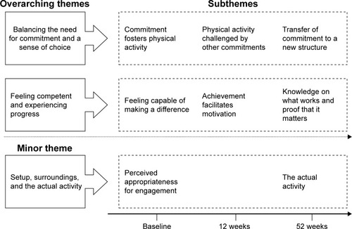 Figure 1 Main findings presented with subthemes from interviews at baseline, 12 weeks, and 52 weeks.