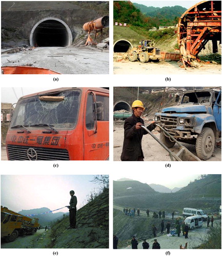 Figure 7. Disaster situation of DJS tunnel: (a) Tunnel portal. Sources: http://www.xinhua.org/; (b) Template trolley impacted by explosion. Sources: (c) Damaged truck. Sources: http://www.xinhua.org/; (d) Damaged truck. Sources: http://www.xinhua.org/; (e) Set cordon. Sources: http://www.xinhuanet.com/; (f) Rescue vehicle. Sources: http://fzsb.hinews.cn/.