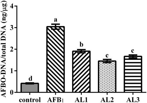 Figure 3. Effects of lycopene on hepatic AFBO-DNA adducts concentration in AFB1-exposed broiler chickens. Data are represented as mean ± SEM. Different letters above bars are significantly different (P < .05). AFB1, aflatoxin B1；AFBO, AFB1-8,9-epoxide. Control, basal diet; AFB1, basal diet with 100 μg/kg AFB1; AL1, basal diet with 100 μg/kg AFB1 and 100 mg/kg lycopene; AL2, basal diet with 100 μg/kg AFB1 and 200 mg/kg lycopene; AL3, basal diet with 100 μg/kg AFB1 and 400 mg/kg lycopene.