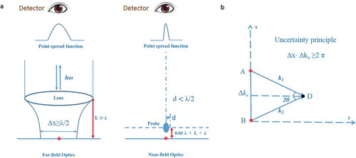 Figure 1. Schematic of near-field optics. (a) The comparison between far-field and near-field optics. The point spread function in far-field optics is determined by diffraction limit, while the spatial resolution in near-field optics is determined by the size of probe. (b) The explanation of breaking the diffraction limit in near-field optics based on uncertainty principle.