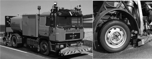 Figure 1. Routine monitoring device RoadSTAR (left); detail of the skid resistance measurement unit (right).