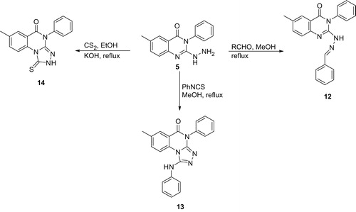 Scheme 3. Reactions of compound 5 with benzaldehyde, phenylisothiocyanate and carbondisulfide.