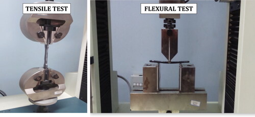 Figure 7. Specimen clamped onto the tensile test fixture and flexural test of G-E composite specimens.