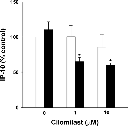 Figure 5 Effect of salmeterol and cilomilast on cytokine-induced IP-10 protein. Cells were stimulated with cytokines for 24 hr. Addition of cilomilast alone (0, 1 μ M, 10 μ M-open bars) during this time (24 hr) had no effect on IP-10. The addition of salmeterol (1 μ M for 24 hr-closed bars) to cilomilast inhibited IP-10 (* p = 0.013 by 1-way RM ANOVA). Mean ± SEM of 3 experiments.