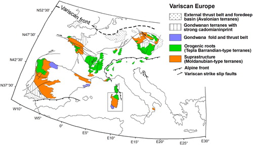 Figure 2. Structural sketch map of the principal Variscan domains in Europe (Sardinia is indicated in the black box).