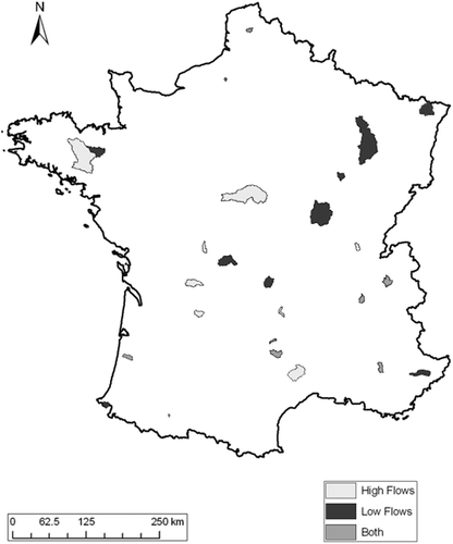 Fig. 1 Locations of the 29 French catchments for which example hydrographs were selected for evaluation in low-flow (dark grey) and high-flow (light grey) conditions.