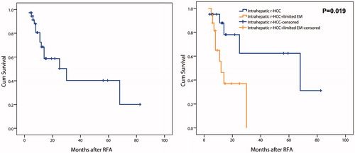 Figure 5. Overall survival in patients performed RFA for r-HCC after liver transplantation. A, in all patients; B, comparison between patients with and without limited extrahepatic metastasis.