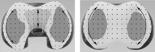 Figure 1. Measurement methodology (APG bearing left, RP right; shaded area worn). Arrows indicate direction of movement.