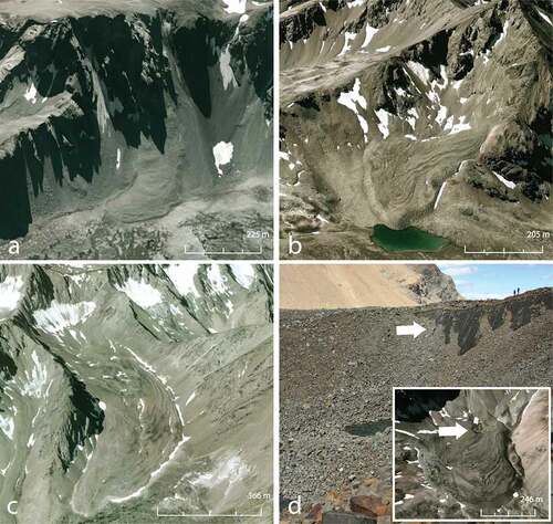 Figure 2. Rock glacier classification: (a) intact talus-derived (ID #98); (b) intact glacier-derived, type A (ID #109); (c) intact glacier-derived, type B (ID #26); and (d) massive ice at Razorback Peak (ID #87). Numbers provided refer to rock glacier ID (see Table 2)