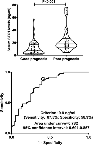 Figure 13 Relationship between serum stanniocalcin-1 levels and 180-day poor prognosis following severe traumatic brain injury. Serum stanniocalcin-1 levels were markedly higher in patients with poor prognosis than in those with poor prognosis (P<0.001) and exhibited substantially discriminatory ability for the risk of poor prognosis at 180 days after head trauma under receiver operating characteristic curve.