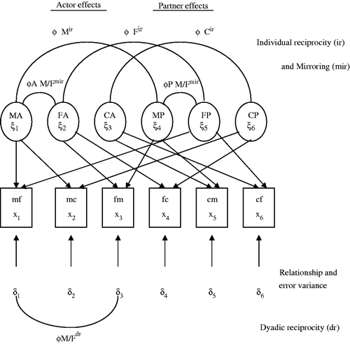 Figure 1. Family social relations model of emotions with mirroring during family consumption decision making.Adapted from Hsiung and Bagozzi (Citation2003). M or m = mother, F or f = father, C or c = child, A = actor, P = partner. For example with respect to the emotion frustration, mf x1 refers to all three raters’ averaged rating of the mother's (actor) frustration with the father (partner). Factor loadings are set to 1.