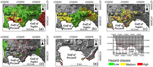 Figure 2. Maps displaying natural hazards characterizing the Napoli and Pozzuoli municipalities: (a) volcanic hazard; (b) seismic hazard; (c) landslide hazard; (d) flood hazard; (e) coastal erosion hazard. On the bottom right of the figure, the shaded relief of Campania Region shows the two municipalities in a wide territorial setting.