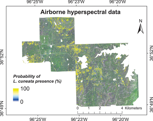 Figure 6. Probability of L. cuneata presence using vegetation indices obtained from airborne hyperspectral image based on our WTA classification. We obtained these results by running our classification models 100 times with different training/validation datasets through randomized permutations, as described in Section 2.4.4. We excluded the oak tree land-cover from our results.