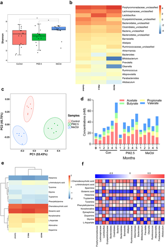 Figure 4. Effects of MeCbl on constitutes of intestinal bacteria and metabolite in mice exposed to PM2.5. (a) α-diversity-Shannon index of fecal microbiota; (b) Heatmap of relative abundance of bacterial genus in the intestinal tract of mice; (c) Principal component analysis of intestinal metabolites in mice (the difference in PCA1 and PCA2 was 53.43% and 45.75%); (d) Intestinal short-chain fatty acid concentration in mice; (e) metabolite heatmap of intestinal microbiome in mice; (f) Correlation analysis of metabolites and intestinal microflora in mice.