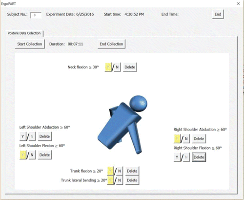FIGURE 3 Data collection interface for the beta version of ErgoPART. Included are fields for subject number, data collection date and time, and the characterization of seven types of body postures.