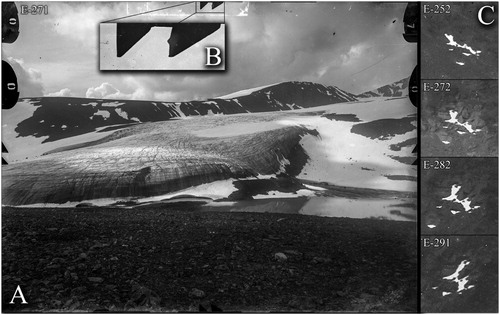 Figure 4. Example of the photograph labelled E-271 from 1910 by Fredrik Enquist, looking towards Storglaciären (A). The image fiducials, exemplified in B, are used to align the images’ internal coordinate system. Manual tie points, using easily identified patterns, such as snow patches, had to be added for correct image alignment (C), where the automatic process failed.