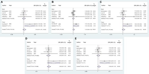 Figure 2 Forest plots of MMP1 rs1799750 and prostate cancer risk.Notes: (A) Homozygote model; (B) heterozygote model; (C) dominant model; (D) recessive model; (E) additive model.