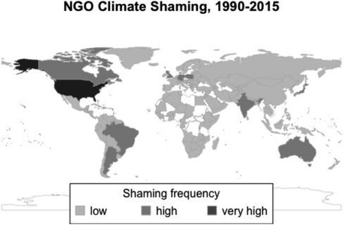 Figure 1. World map: NGO climate shaming, 1990–2015.
