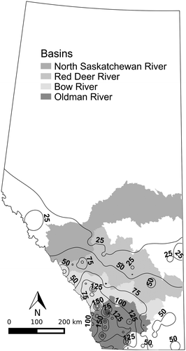 Figure 4. Isohyets of the first flood event accumulated precipitation, 5–9 June 2005.