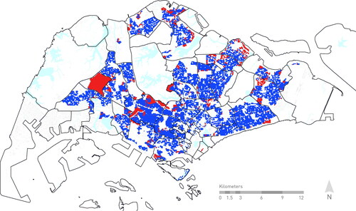 Figure 3. The total area zoned as residential area on the mainland of Singapore according to the Master Plan 2014 (blue and red pixels combined). The non-built-up residential area of Singapore’s mainland (red pixels) constitutes the decision space where allocation of new residential pixels is considered. Colour online.