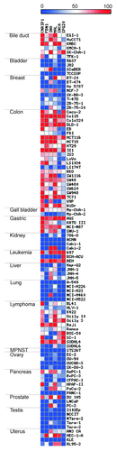 Figure 1. Methylation status of CNRIP1, FBN1, INA, MAL, SNCA, and SPG20 across 97 cancer cell lines. The six biomarkers have been analyzed by quantitative methylation-specific PCR (qMSP) in 97 different cancer cell lines originating from 17 tissues. Each cell line is represented by a square and the color scale indicates the percent of methylation reference (PMR) value. Abbreviations: MPNST, malignant peripheral nerve sheath tumor.