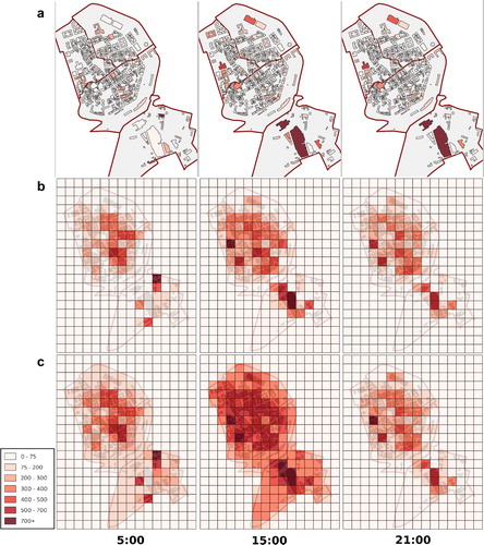 Figure 9. Analytical maps for three methods (a – PR+PNR on building level; b – PR+PNR on grid level; and c – PR+PNR+PT on grid level) and selected hours.