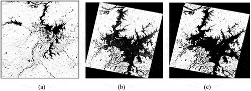 Figure 7. Water extraction results. (a) the water extraction result of Sentinel-2 image. (b) the water extraction result of the GF-3 images using U-Net method. (c) the water extraction result of the GF-3 images using our method.