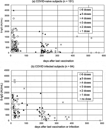 Figure 1. S-IgG titer and the days since the last vaccination or infection date for each mRNA vaccination dose in uninfected (COVID-naïve) (a) and infected (COVID-infected) individuals (b). Cases in which more than 600 days had elapsed since the last vaccination or infection (two and one case, respectively) are not shown in the graph.