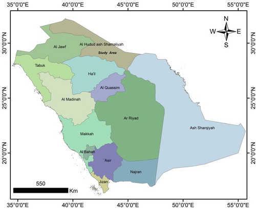 Figure 1. Location map of Saudi Arabia showing main region and study area.