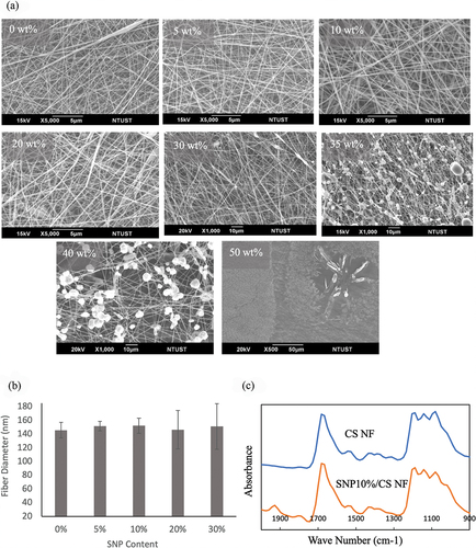 Figure 1. Characterization of CS/SNP nanofibers with various SNP loading. (a) SEM images of electrospun CS/SNP nanofibers. (b) diameters of CS/NP nanofibers evaluated according to SEM images. (c) IR spectra of CS and CS/SNP nanofibers. All the given percentages are mass percentages with respect to the CS amount.