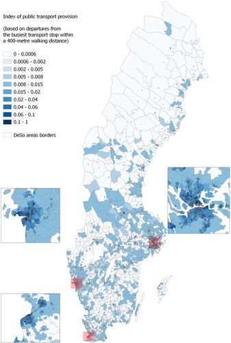 Figure 4. The spatial distribution of IPTP in the DeSo areas in Sweden based on average number of departures from busiest transport stop within a 400-metre walking distance of each populated grid in each DeSo area.