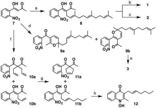 Scheme 1. Synthesis of aurachins C (1), D (2), L (3) & aurachin C analong 12.Notes: Reagents and conditions: (a) NaH, farnesyl bromide, HMPA, THF, 0–60 °C (52%, 69% based on recovered 7); (b) Zn dust, NH4Cl, EtOH/H2O (1:1), 80 °C (46%); (c) Fe dust, 6 M HCl, EtOH, 90 °C (63%); (d) farnesal, piperidine, toluene, rt to 60 °C, (39%); (e) Zn dust, NH4Cl, EtOH/H2O (1:1), 80 °C (29%); (f) NaH, allyl bromide, HMPA, THF, 0–50 °C; (g) 1-hexene, Grubbs’ 2nd generation catalyst, CH2Cl2, reflux (11a: 9% from 7, 11b: 12% from 7, 28% based on recovered 7); (h) Zn dust, NH4Cl, EtOH/H2O (1:1), 80 °C (49%).
