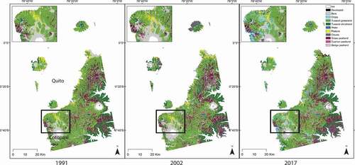 Figure 5. Land cover and land use classification of páramo surrounding Quito, Ecuador, in 1991, 2002, and 2017.