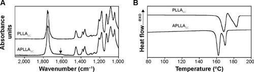 Figure 2 Attenuated total reflection Fourier transform infrared spectra of PLLAsc and APLLAsc (A). Differential scanning calorimetry thermograms of PLLAsc and APLLAsc recorded at 10°C per minute (B).Note: The arrow indicates the amide C=O stretching and N-Hbending large peak (A).Abbreviations: PLLAsc, poly(l-lactide) single crystals; APLLAsc, amino-functionalized poly(l-lactide) single crystals.
