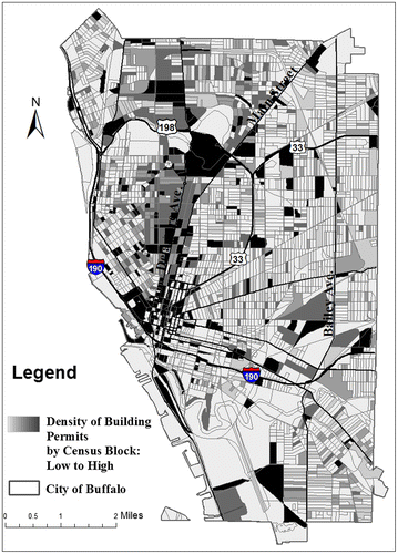 Figure 3. Density of building permits by census block in Buffalo, NY 2010–2012.