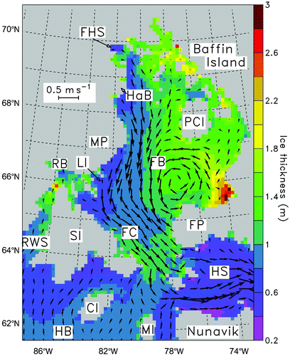 Fig. 7 Simulated sea-ice thickness averaged over the winter in Foxe Basin (see Fig. 1 for acronym definitions and Fig. 3 for the vector field description).