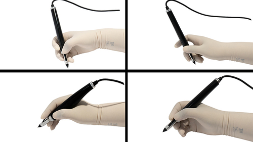 Figure 8 Various ways of holding the handpiece. The 29-mm-long fingertip touch sensor switch accommodates various holding methods.