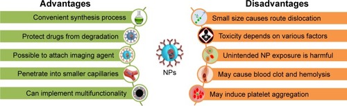 Figure 2 Various advantages and disadvantages of NPs in theranostic applications.Abbreviation: NP, nanoparticle.