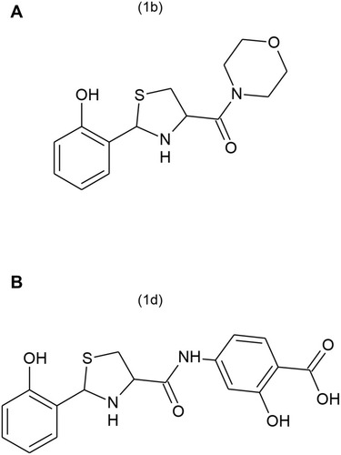 Figure 1 Structure of the thiazolidine derivatives; (A) (1b) [2-(2-hydroxyphenyl)-1,3-thiazolidin-4-yl](morpholin-4-yl)methanone, (B) (1d) 2-hydroxy-4-{[2-(2-hydroxyphenyl)-1,3-thiazolidine-4-carbonyl]amino}benzoic acid.